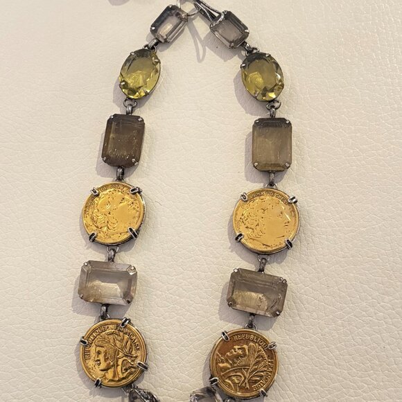 VINTAGE IRADJ MOINI COIN NECKLACE BROOCH ANTIQUE GOLD PLATED SMOKY QUARTZ - Picture 9 of 9